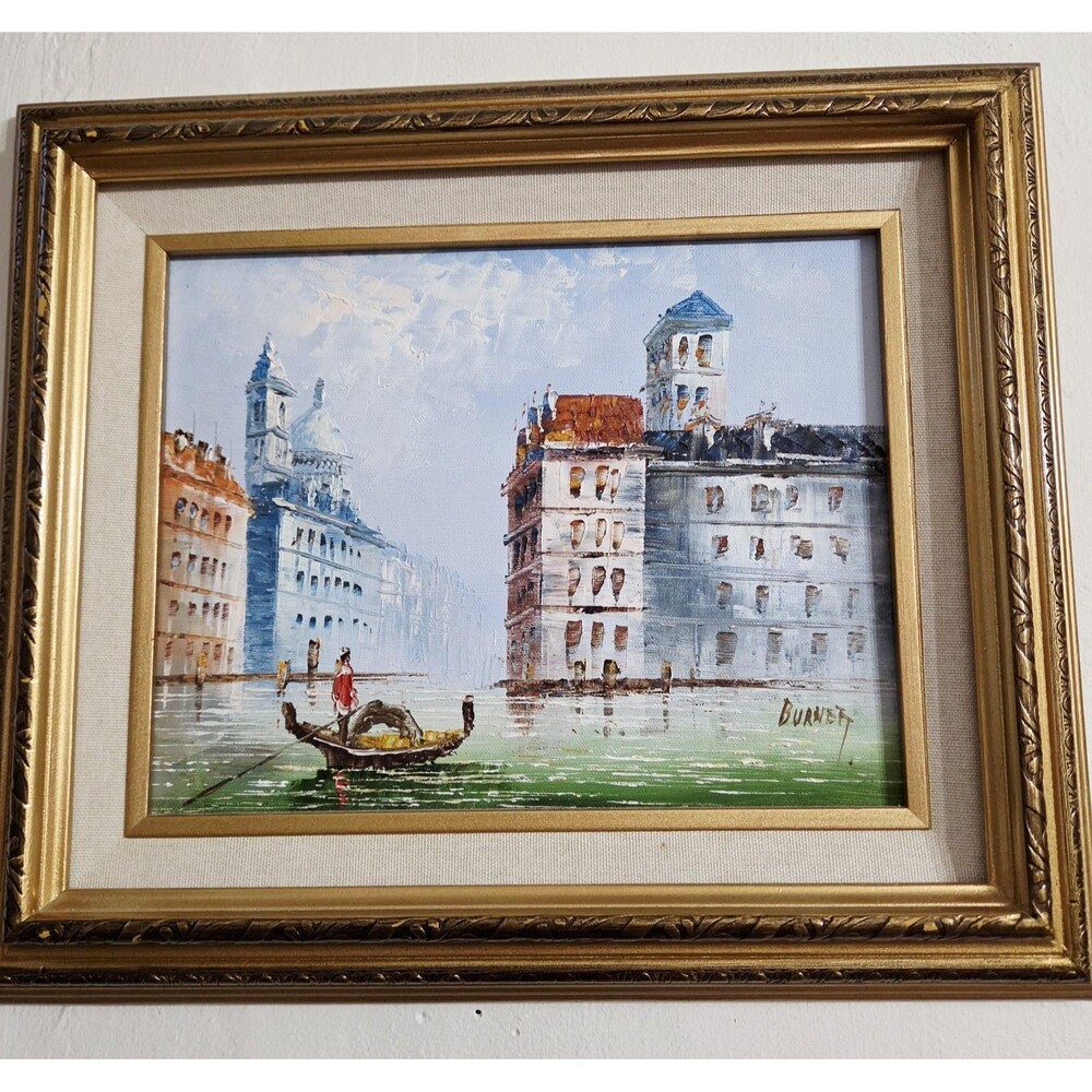 Vintage Caroline Burnett Framed Oil Painting Venice Paris Gondola Italy Art
